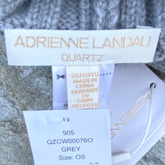 NWT New Adrienne Landau Gray Pearl Trim Faux Fur Pom-Pom Knit Beanie Hat OS - Picture 7 of 9